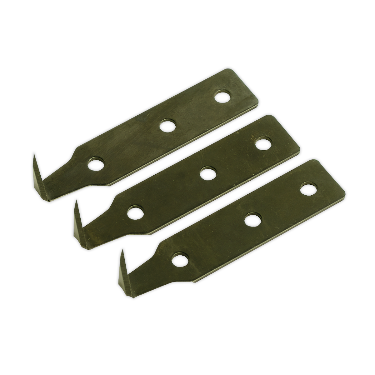 The Bonded Windscreen Removal Tool consists of three identical Sealey Windscreen Removal Tool Blades (25mm) from the WK02002 pack, each featuring holes and a hooked end. These hardened blades are designed for durability.