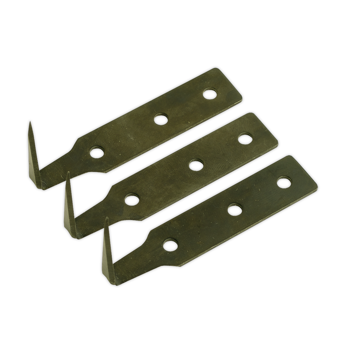 Three flat, bronze-colored, L-shaped metal brackets with holes arranged in two rows provide sturdy support, similar to the Sealey Windscreen Removal Tool Blade 38mm Pack of 3 - WK02003.