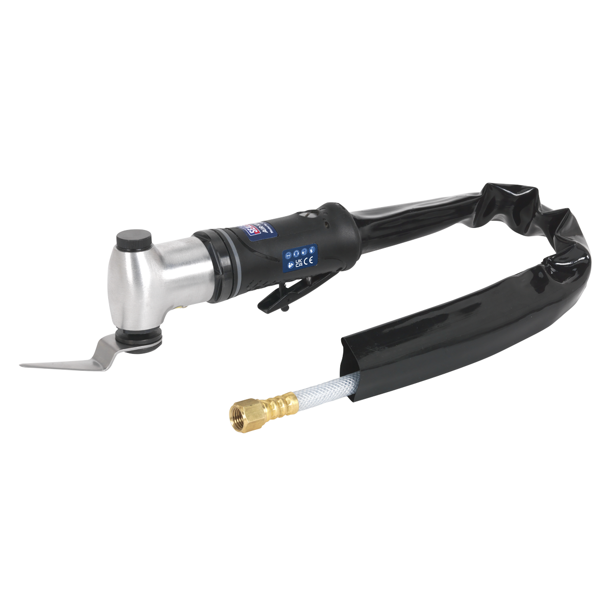 The Sealey Workshop Air Knife - WK025 is a handheld pneumatic air shear with a silver and black body, featuring a safety throttle for precise control, connected to a flexible black hose with a brass connector at the end.