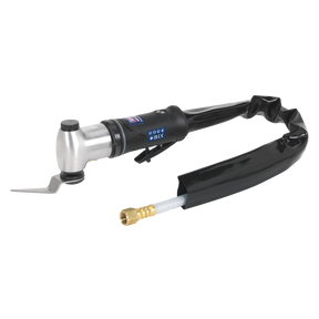 The Sealey Workshop Air Knife - WK025 is a handheld pneumatic air shear with a silver and black body, featuring a safety throttle for precise control, connected to a flexible black hose with a brass connector at the end.