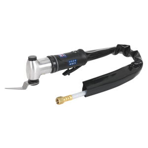 The Sealey Workshop Air Knife - WK025 is a handheld pneumatic air shear with a silver and black body, featuring a safety throttle for precise control, connected to a flexible black hose with a brass connector at the end.