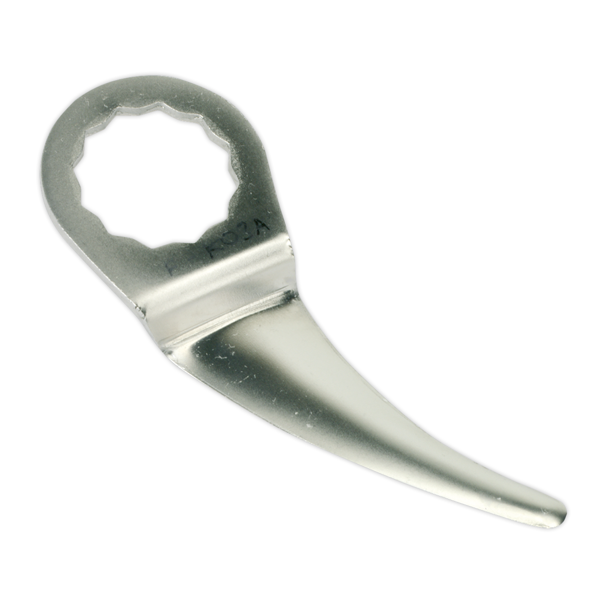 The Air Knife Blade - 50mm - Offset Curved - WK025FSC50 by Sealey is a metal prying tool featuring an air knife with a circular, serrated handle and a tapered, curved blade.