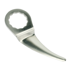 The Air Knife Blade - 50mm - Offset Curved - WK025FSC50 by Sealey is a metal prying tool featuring an air knife with a circular, serrated handle and a tapered, curved blade.