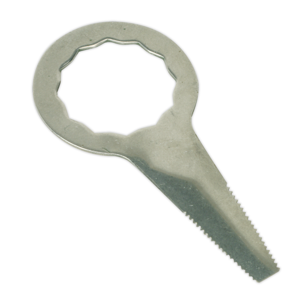 A Sealey metal faucet aerator wrench features a circular, serrated opening designed to install and remove faucet aerators, resembling the precision of the Air Knife Blade - 35mm - Flat Serrated - WK025FTS35.