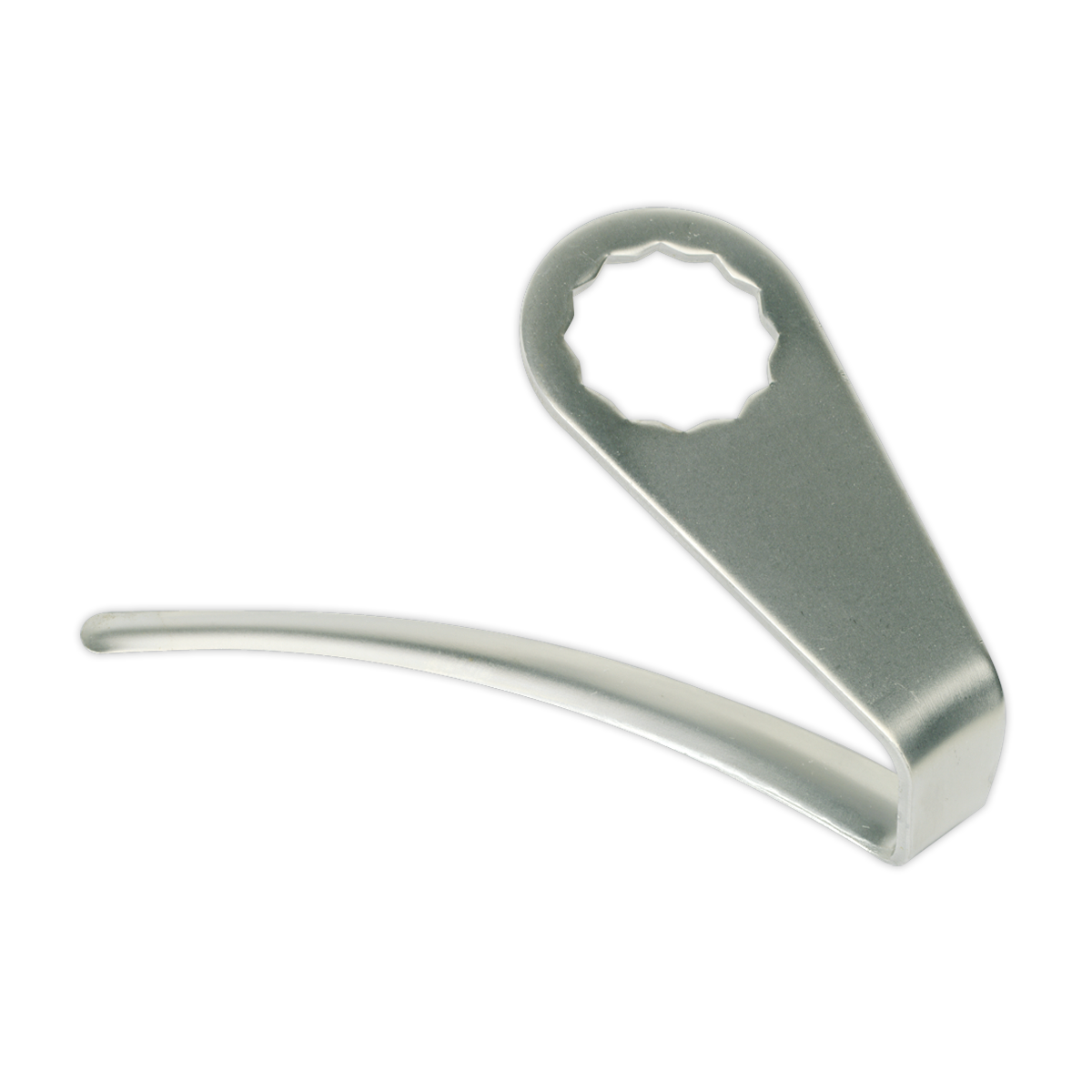 A metallic, curved bike spoke wrench with a rounded top and notched opening, embodying the precision of a Sealey Air Knife Blade - 90mm - Undercut - WK025U90.