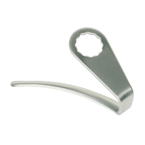 A metallic, curved bike spoke wrench with a rounded top and notched opening, embodying the precision of a Sealey Air Knife Blade - 90mm - Undercut - WK025U90.