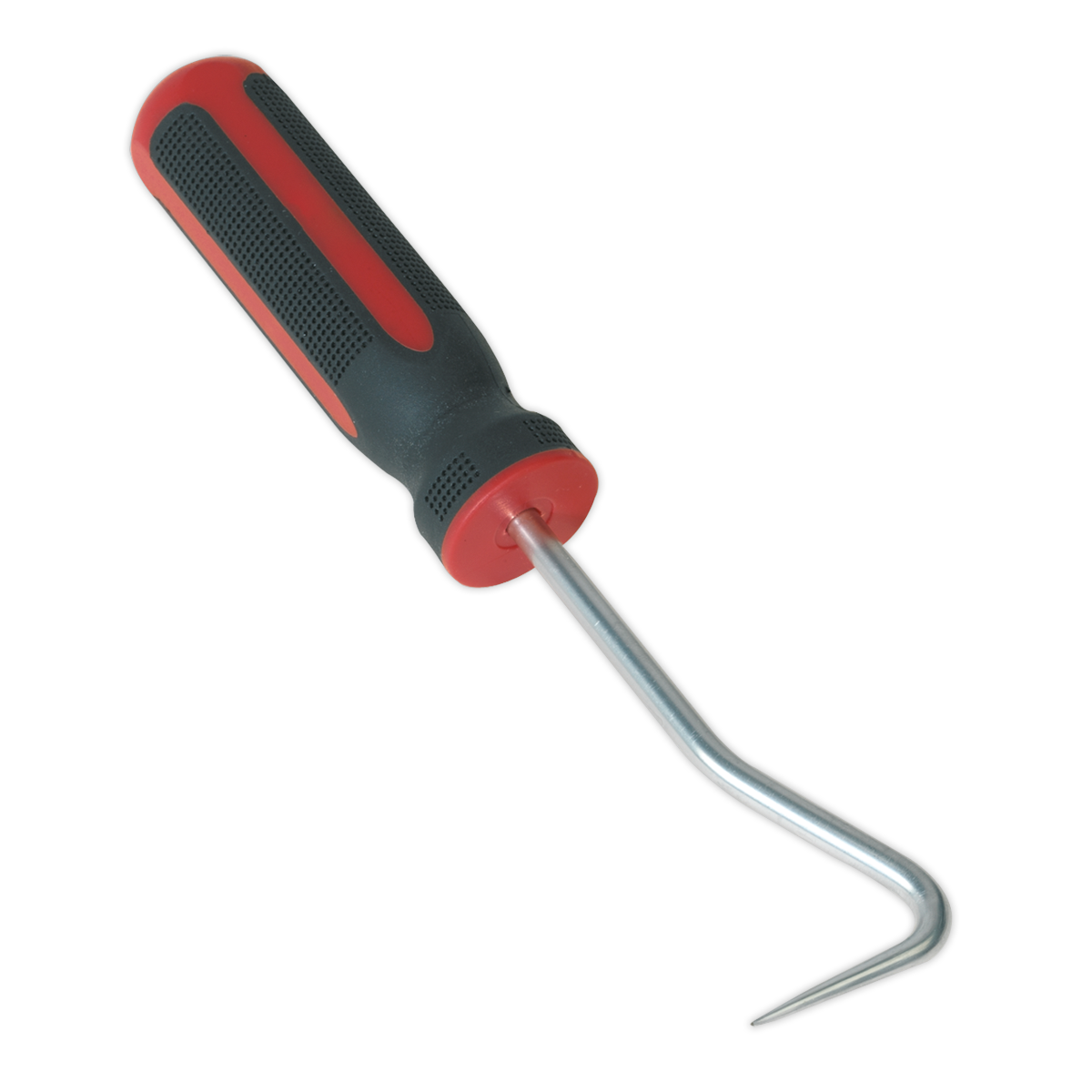 Here's an image of the Sealey Curved Rubber Hook Tool - WK0310, featuring a black and red comfort grip handle and a chrome vanadium steel shaft that curves into a pointed hook.