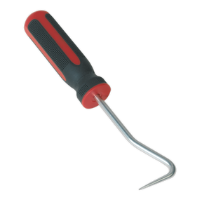 Here's an image of the Sealey Curved Rubber Hook Tool - WK0310, featuring a black and red comfort grip handle and a chrome vanadium steel shaft that curves into a pointed hook.