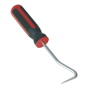 Here's an image of the Sealey Curved Rubber Hook Tool - WK0310, featuring a black and red comfort grip handle and a chrome vanadium steel shaft that curves into a pointed hook.