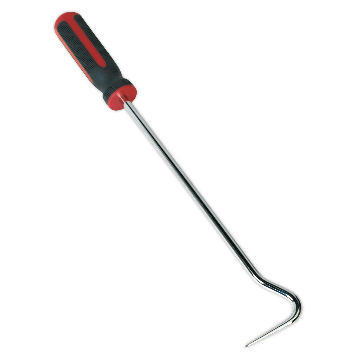 The Sealey Long Curved Rubber Hook Tool - WK0313 is a stainless steel seal puller with a black and red handle, featuring an extra-long shaft for efficient windscreen replacement.