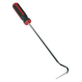 The Sealey Long Curved Rubber Hook Tool - WK0313 is a stainless steel seal puller with a black and red handle, featuring an extra-long shaft for efficient windscreen replacement.