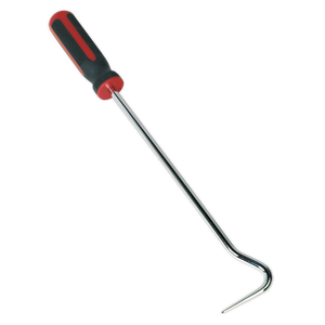 The Sealey Long Curved Rubber Hook Tool - WK0313 is a stainless steel seal puller with a black and red handle, featuring an extra-long shaft for efficient windscreen replacement.