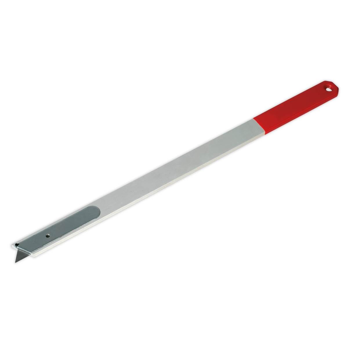 The Sealey Urethane Knife 450mm - WK0321 is crafted with an extra-long aluminium construction, featuring a red handle section and a looped hole at one end for hanging or attaching other tools.