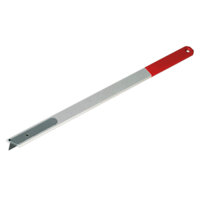 The Sealey Urethane Knife 450mm - WK0321 is crafted with an extra-long aluminium construction, featuring a red handle section and a looped hole at one end for hanging or attaching other tools.