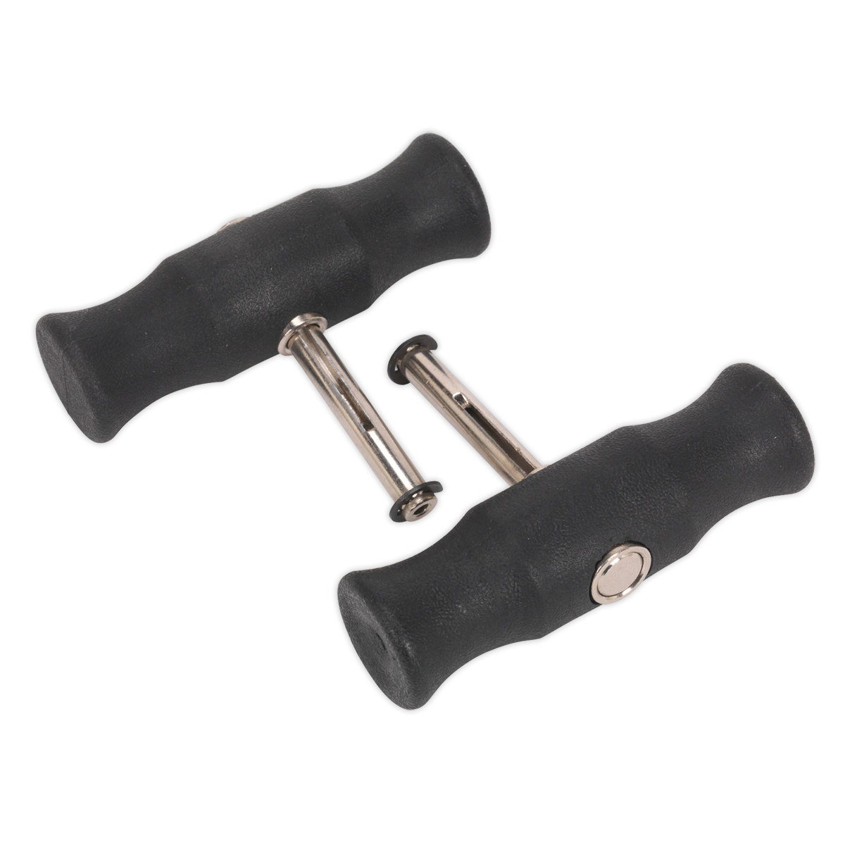 Two Wire Grip Handles - Pair (WK0512) from Sealey, featuring black ergonomic designs with chromed steel shafts and silver locking pins.