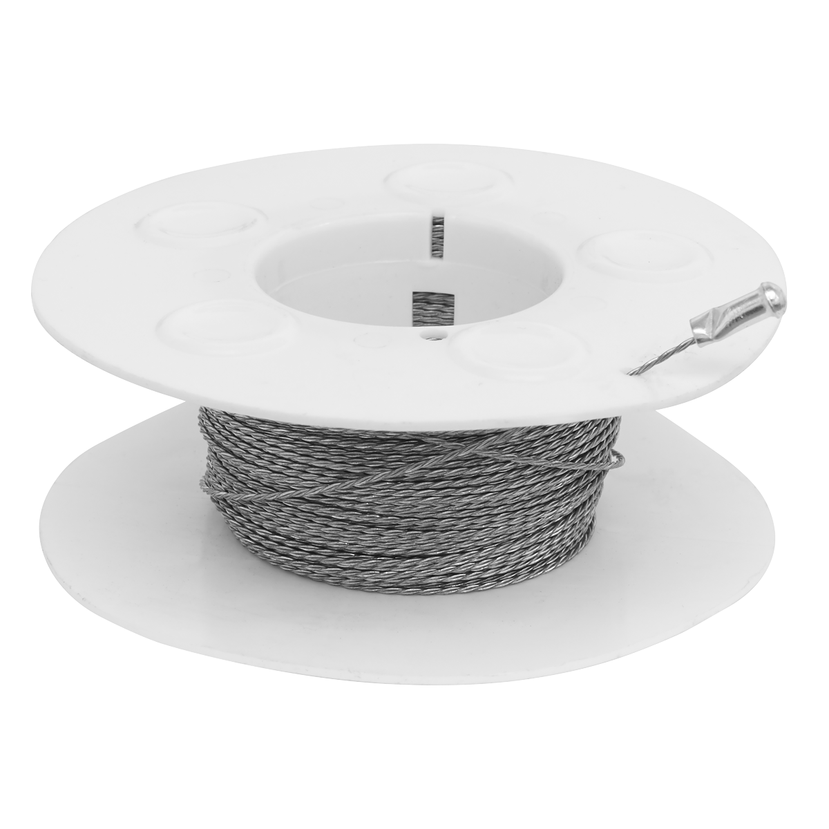 A spool of Sealey's Windscreen Cutting Wire - Braided - WK0513 on a white plastic reel.