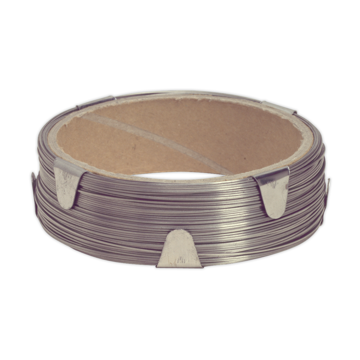 The Windscreen Cutting Wire - Square - WK0514 by Sealey is a coil of stainless steel wire wound around a cardboard spool, secured by metal clips.