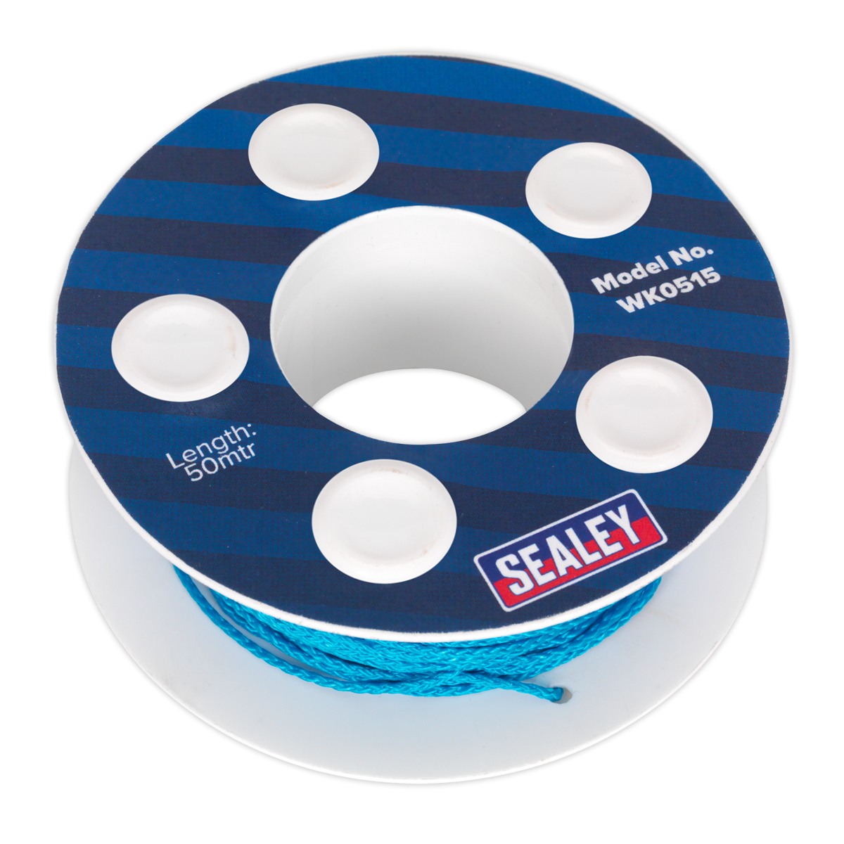 A spool of Sealey Windscreen Cutting Wire, model number WK0515, featuring 50 meters of blue nylon wire, ideal for sensitive work areas.