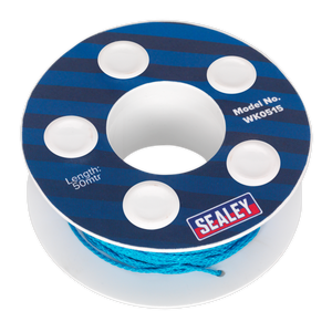 A spool of Sealey Windscreen Cutting Wire, model number WK0515, featuring 50 meters of blue nylon wire, ideal for sensitive work areas.