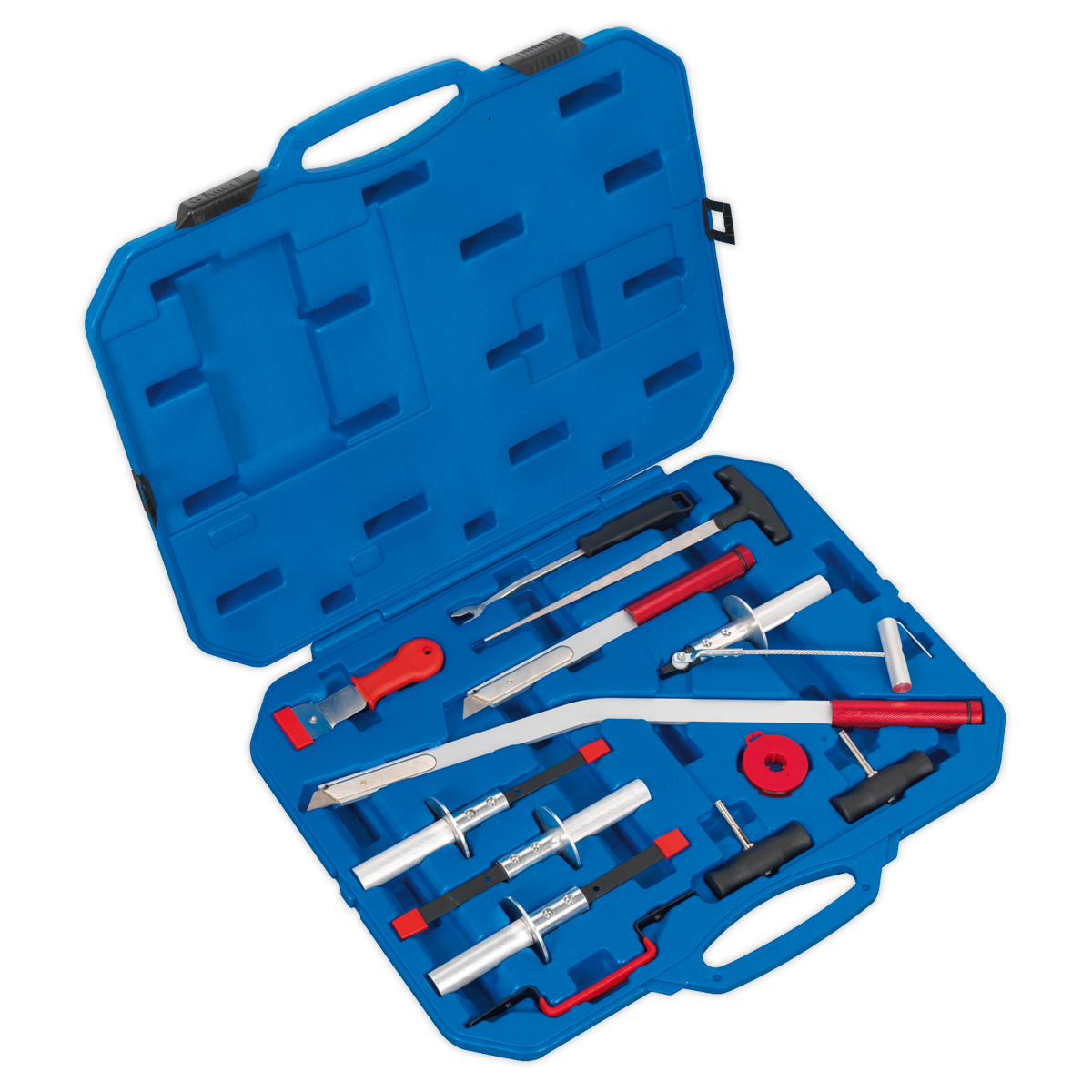 The Windscreen Removal Tool Kit 14pc - WK14 by Sealey features a blue tool case containing a variety of silver and red automotive tools, each neatly arranged in designated compartments. Its durable and lightweight design ensures easy handling, with the open case proudly displaying its complete 14-piece kit.