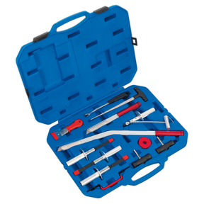 The Windscreen Removal Tool Kit 14pc - WK14 by Sealey features a blue tool case containing a variety of silver and red automotive tools, each neatly arranged in designated compartments. Its durable and lightweight design ensures easy handling, with the open case proudly displaying its complete 14-piece kit.