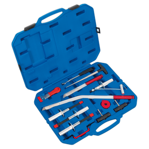 The Windscreen Removal Tool Kit 14pc - WK14 by Sealey features a blue tool case containing a variety of silver and red automotive tools, each neatly arranged in designated compartments. Its durable and lightweight design ensures easy handling, with the open case proudly displaying its complete 14-piece kit.