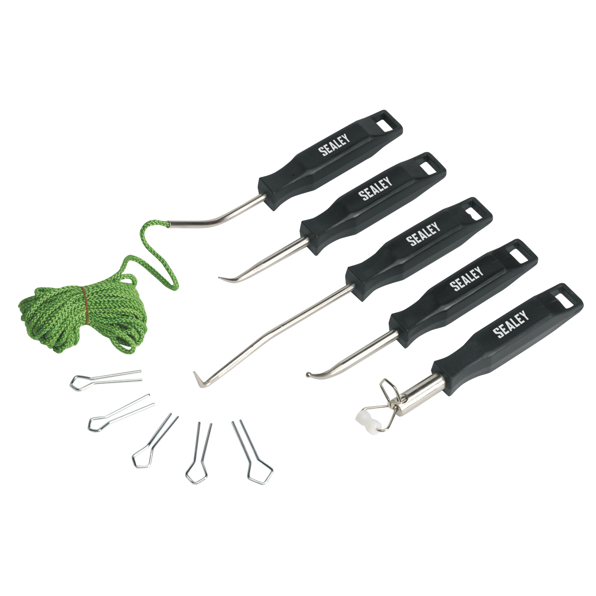 The Sealey Windscreen Installation Tool Kit - WK2 is a versatile set featuring five tools with reinforced composite handles, various hooks, metal clips, and a coiled green rope. Perfect for rubber screen installation.