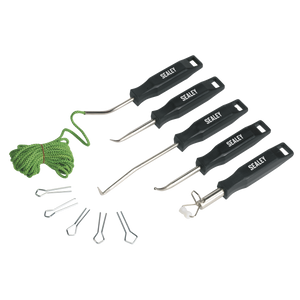 The Sealey Windscreen Installation Tool Kit - WK2 is a versatile set featuring five tools with reinforced composite handles, various hooks, metal clips, and a coiled green rope. Perfect for rubber screen installation.