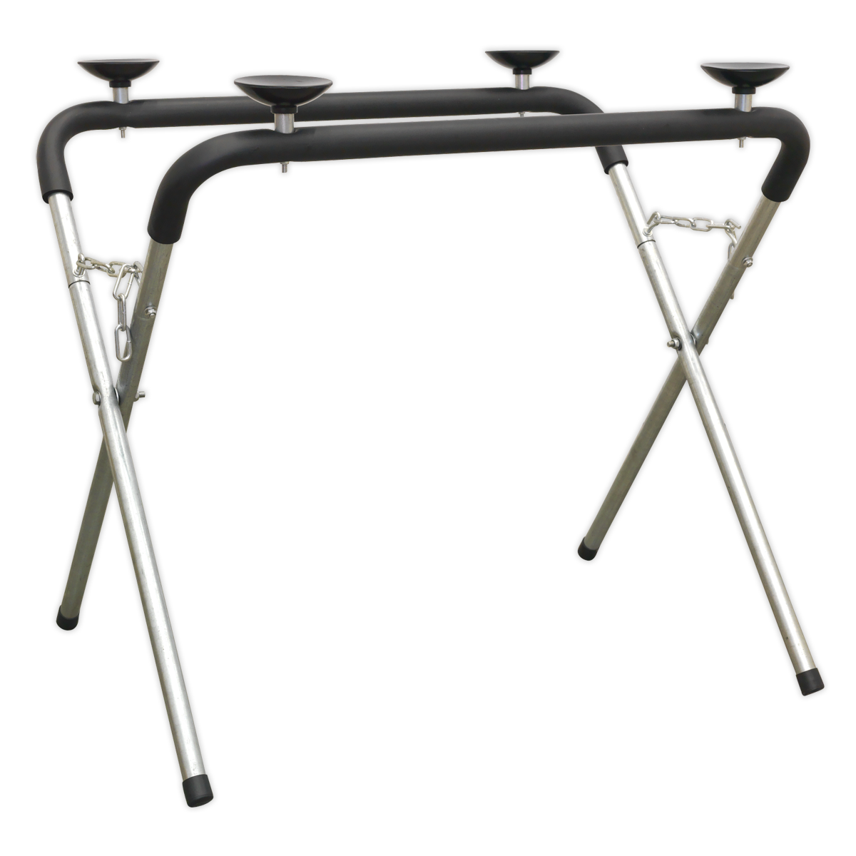 Introducing the Sealey Windscreen Stand Folding - WK4: a folding keyboard stand featuring four round rubber pads and sturdy metal legs. It boasts a lightweight, tubular steel X-frame support and an adjustable variable height facility secured with locking chains.