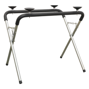 Introducing the Sealey Windscreen Stand Folding - WK4: a folding keyboard stand featuring four round rubber pads and sturdy metal legs. It boasts a lightweight, tubular steel X-frame support and an adjustable variable height facility secured with locking chains.