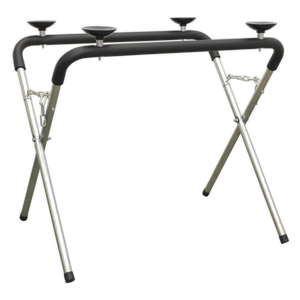 Introducing the Sealey Windscreen Stand Folding - WK4: a folding keyboard stand featuring four round rubber pads and sturdy metal legs. It boasts a lightweight, tubular steel X-frame support and an adjustable variable height facility secured with locking chains.