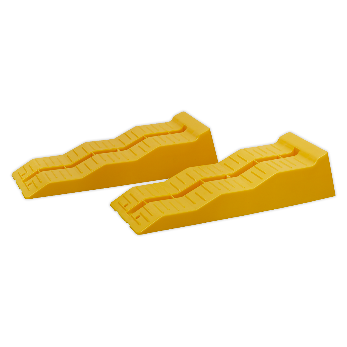 Two yellow Levelling Ramps from Sealey, each with a 3-stage sloped design and ridged surfaces, made from UV-resistant high-density polyethylene. Ideal for securing campervans and caravans, these ramps boast a combined 5-tonne capacity per pair.