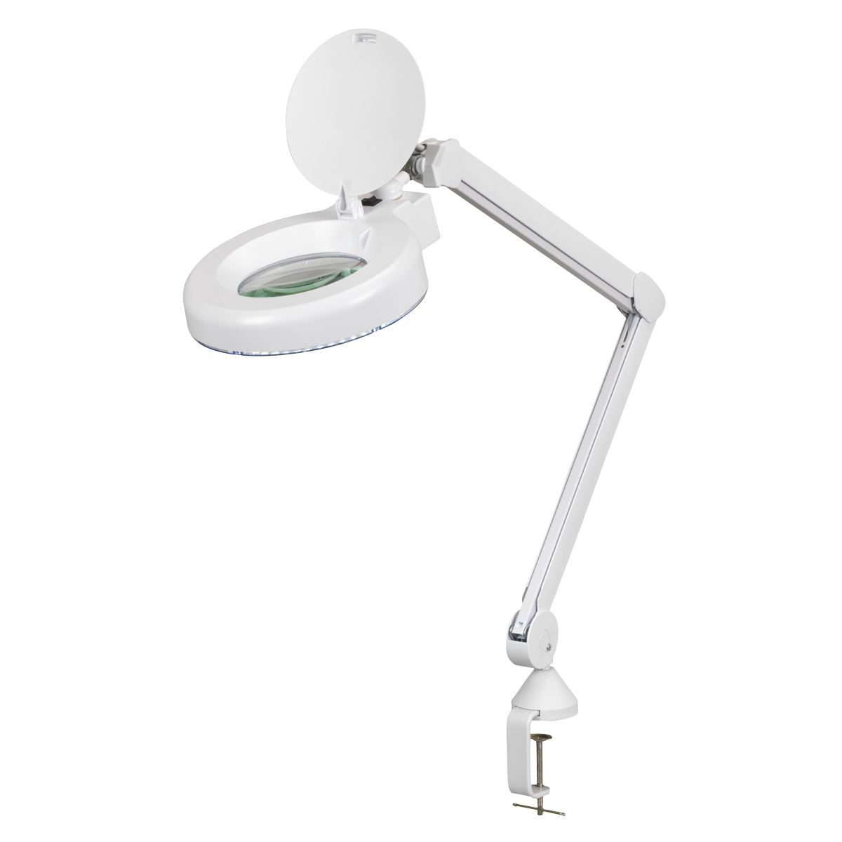 A versatile Sealey Bench Mounting Magnifying Worklight with a clamp base and 48 SMD LEDs, model WL483D.