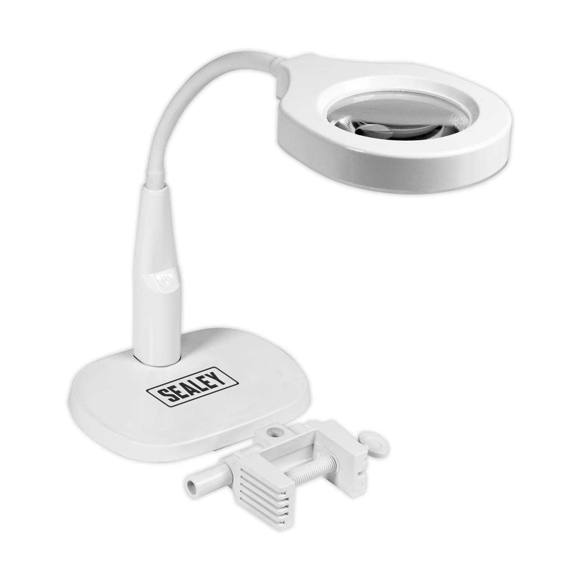 The Sealey WL53/8D Dimmable Dual Mounting Magnifying Worklight features an adjustable arm, a circular light, and a clamp at the base for secure attachment to surfaces. This 230V magnifying lamp is equipped with 45 SMD LEDs and provides optimal lighting control through its touch-sensitive dimmer switch. The brand name "Sealey" is prominently displayed on the lamp's base.