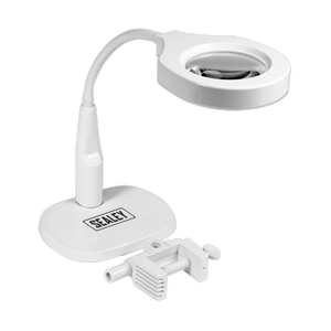 The Sealey WL53/8D Dimmable Dual Mounting Magnifying Worklight features an adjustable arm, a circular light, and a clamp at the base for secure attachment to surfaces. This 230V magnifying lamp is equipped with 45 SMD LEDs and provides optimal lighting control through its touch-sensitive dimmer switch. The brand name "Sealey" is prominently displayed on the lamp's base.