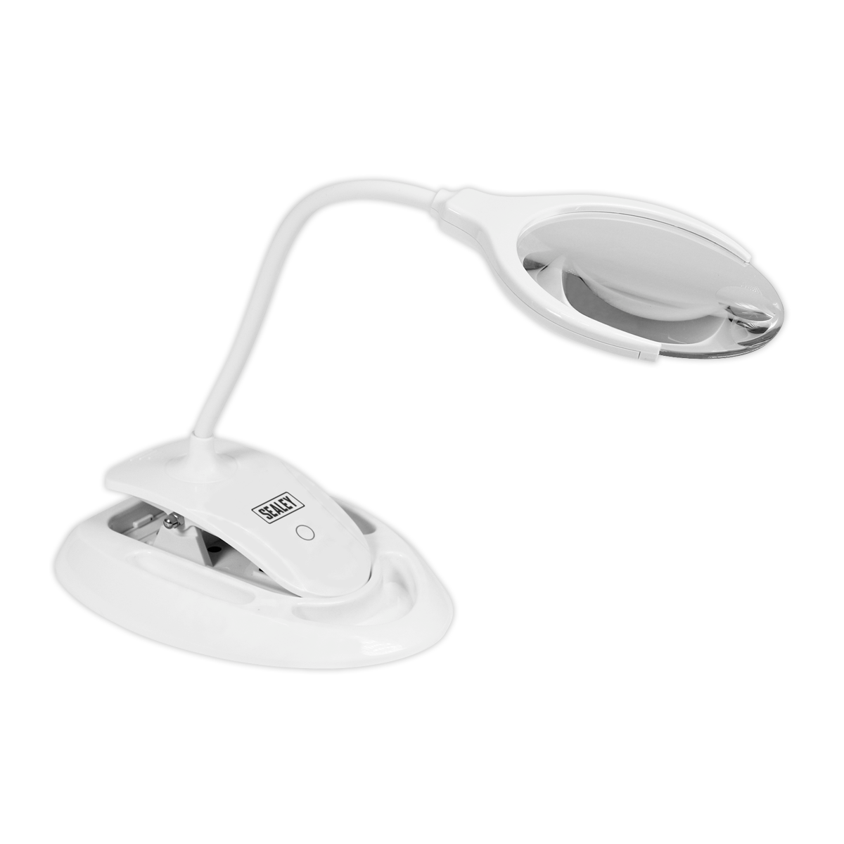 A versatile, adjustable-neck Rechargeable Dual Mounting Magnifying Worklight from Sealey, featuring 6 dimmable SMD LEDs and a wide light head.