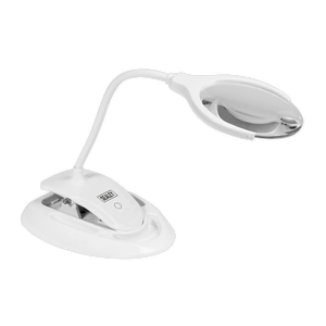 A versatile, adjustable-neck Rechargeable Dual Mounting Magnifying Worklight from Sealey, featuring 6 dimmable SMD LEDs and a wide light head.