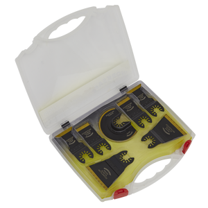 The Sealey Multi-Tool Blade Set Metal & Wood 7pc - WMTSET includes a plastic case with a handle that contains various black and yellow Bi-Metal saw blades, a round attachment, and essential oscillating tool accessories.