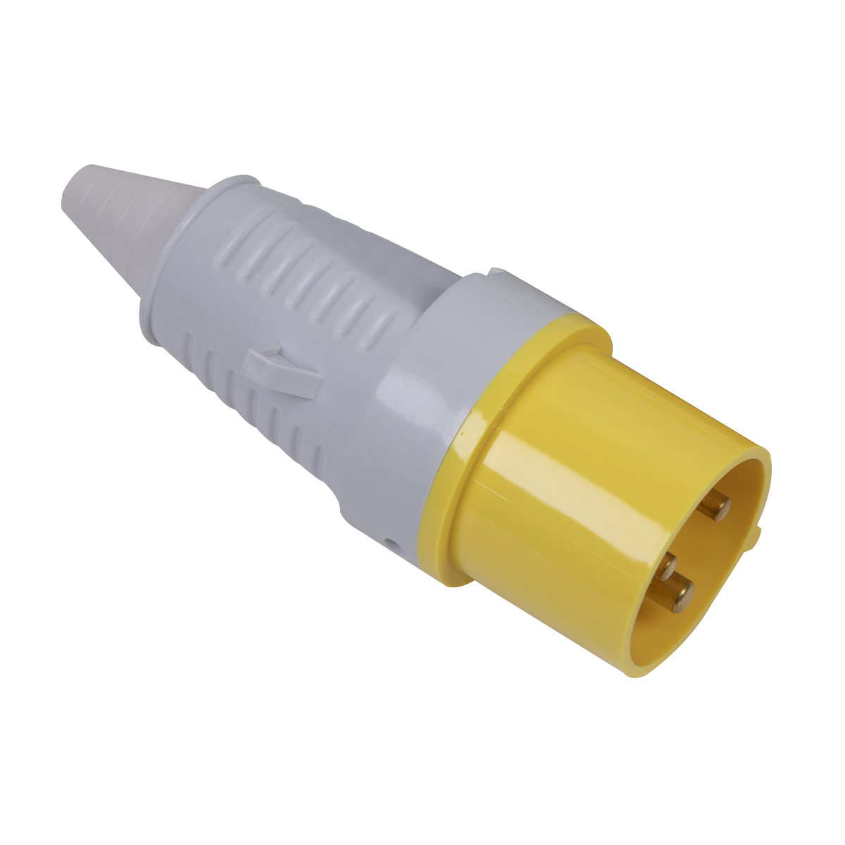 The Sealey 110V 16A 2P+E Plug - WP11016 is a yellow and white industrial electrical plug with three prongs, rated at 16A and 110V, featuring IP44 protection.