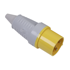 The Sealey 110V 16A 2P+E Plug - WP11016 is a yellow and white industrial electrical plug with three prongs, rated at 16A and 110V, featuring IP44 protection.