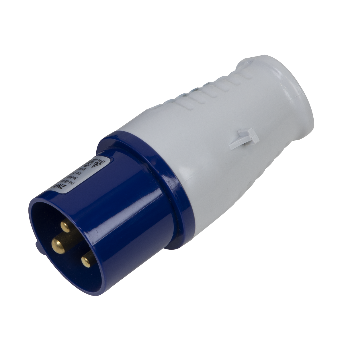 The Sealey 2P+E Plug 230V 16A - WP24016 features a blue and white design, three brass pins, a ribbed outer casing for enhanced grip, and boasts an IP44 rating.