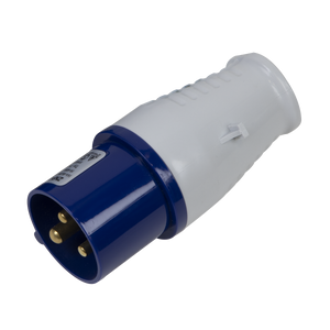 The Sealey 2P+E Plug 230V 16A - WP24016 features a blue and white design, three brass pins, a ribbed outer casing for enhanced grip, and boasts an IP44 rating.