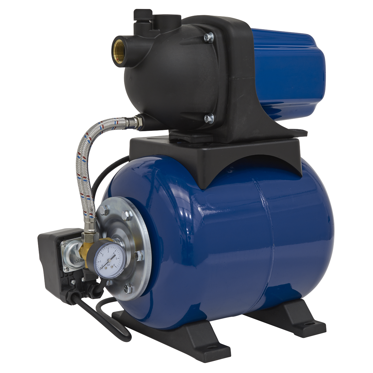 The Sealey Surface Mounting Booster Pump 50L/min 230V - WPB050, featuring a high-impact thermoplastic build in blue and black, includes a pressure gauge attached to a cylindrical water tank as well as an automatic pressure cut-off valve for safety.