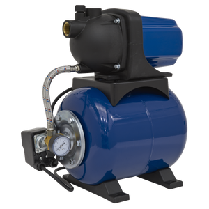 The Sealey Surface Mounting Booster Pump 50L/min 230V - WPB050, featuring a high-impact thermoplastic build in blue and black, includes a pressure gauge attached to a cylindrical water tank as well as an automatic pressure cut-off valve for safety.