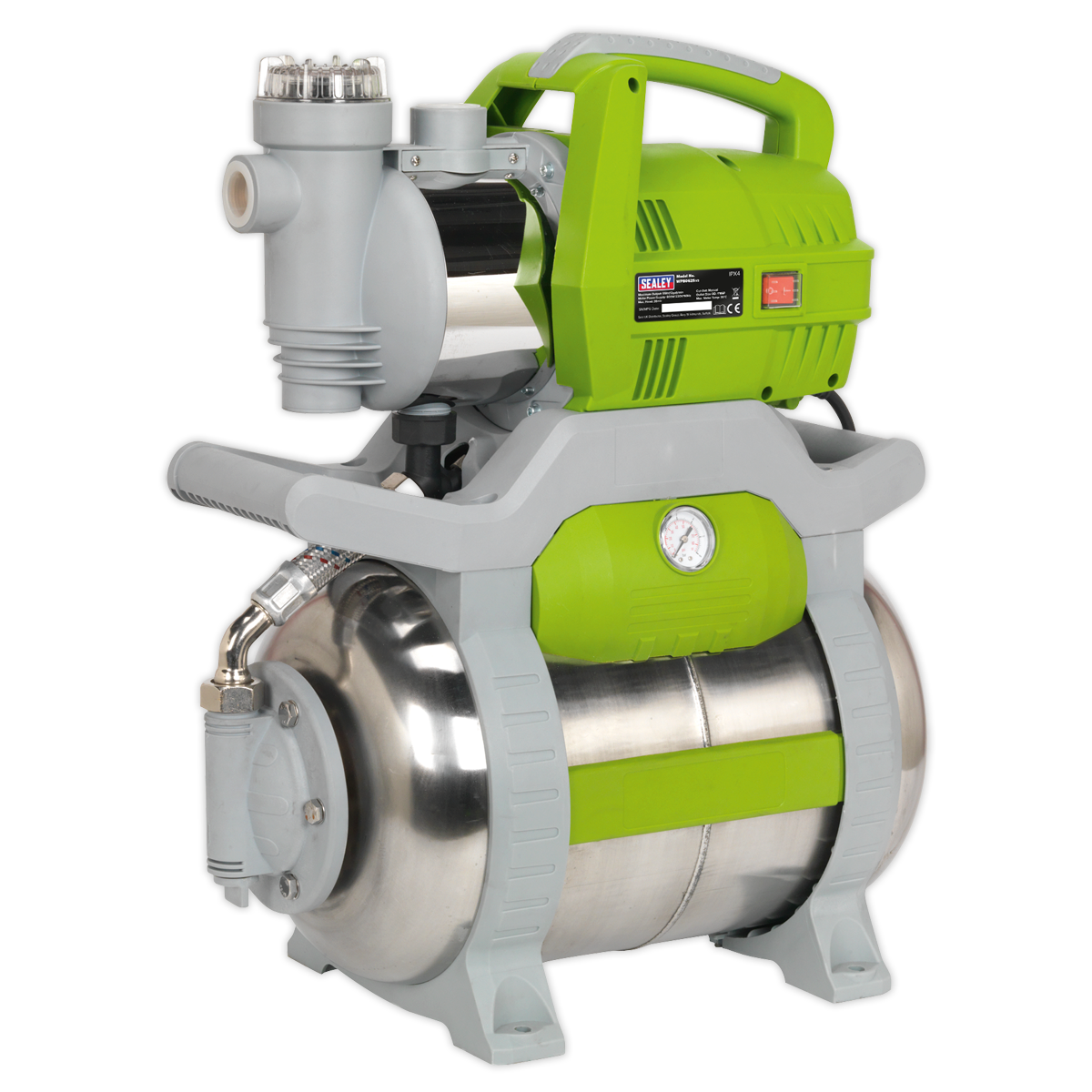 The Sealey Surface Mounting Booster Pump Stainless Steel 55L/min 230V - WPB062S features a green handle and a silver cylindrical tank, comes equipped with a pressure gauge and multiple connection points, and is constructed with corrosion-resistant materials for enhanced durability.