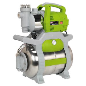 The Sealey Surface Mounting Booster Pump Stainless Steel 55L/min 230V - WPB062S features a green handle and a silver cylindrical tank, comes equipped with a pressure gauge and multiple connection points, and is constructed with corrosion-resistant materials for enhanced durability.