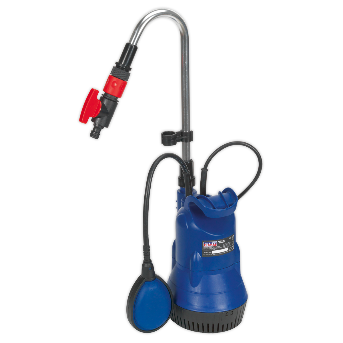 A blue, corrosion-resistant Sealey Submersible Water Butt Pump 50L/min 230V - WPB50A, featuring black hoses, a metallic handle, and equipped with an adjustable flow control red valve.