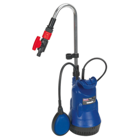 A blue, corrosion-resistant Sealey Submersible Water Butt Pump 50L/min 230V - WPB50A, featuring black hoses, a metallic handle, and equipped with an adjustable flow control red valve.