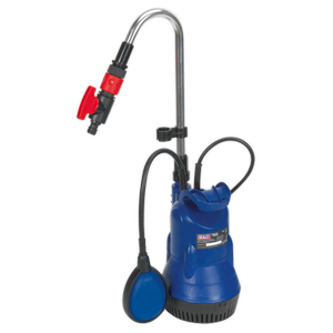 A blue, corrosion-resistant Sealey Submersible Water Butt Pump 50L/min 230V - WPB50A, featuring black hoses, a metallic handle, and equipped with an adjustable flow control red valve.