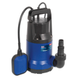 The Sealey Submersible Water Pump Automatic 100L/min 230V - WPC100A features a blue and black design with a handle, power cord, and an attached float switch, along with a stainless steel motor for enhanced durability.